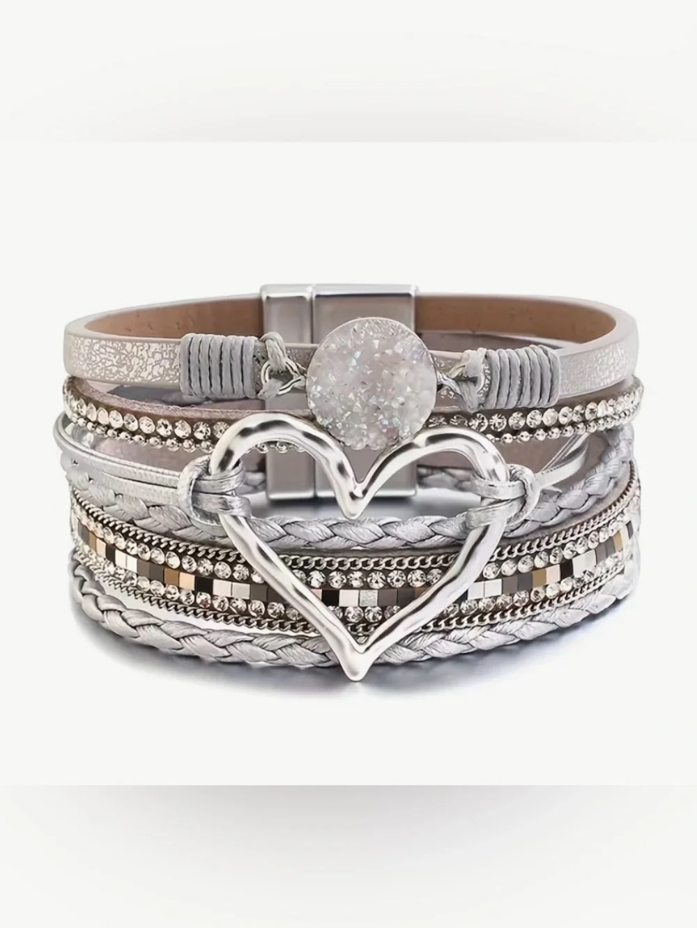 🩶 Unique Silver Multi-Strand Heart Bracelet with Boho Chic Accents 🩶